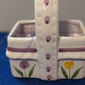 Floral Ceramic Basket with Purple Accents
